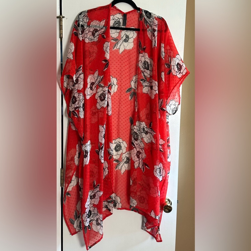 Lane Bryant Red Floral Sheer Kimono Duster Cover Up OS Boho